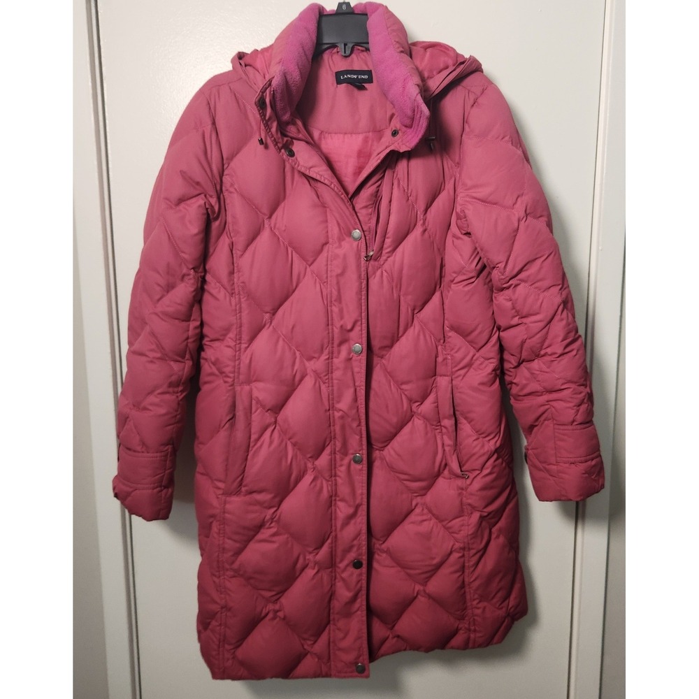 Vintage Lands End Women's Pink Down Puffer‎ Coat Mid Length Medium Flaws Warm
